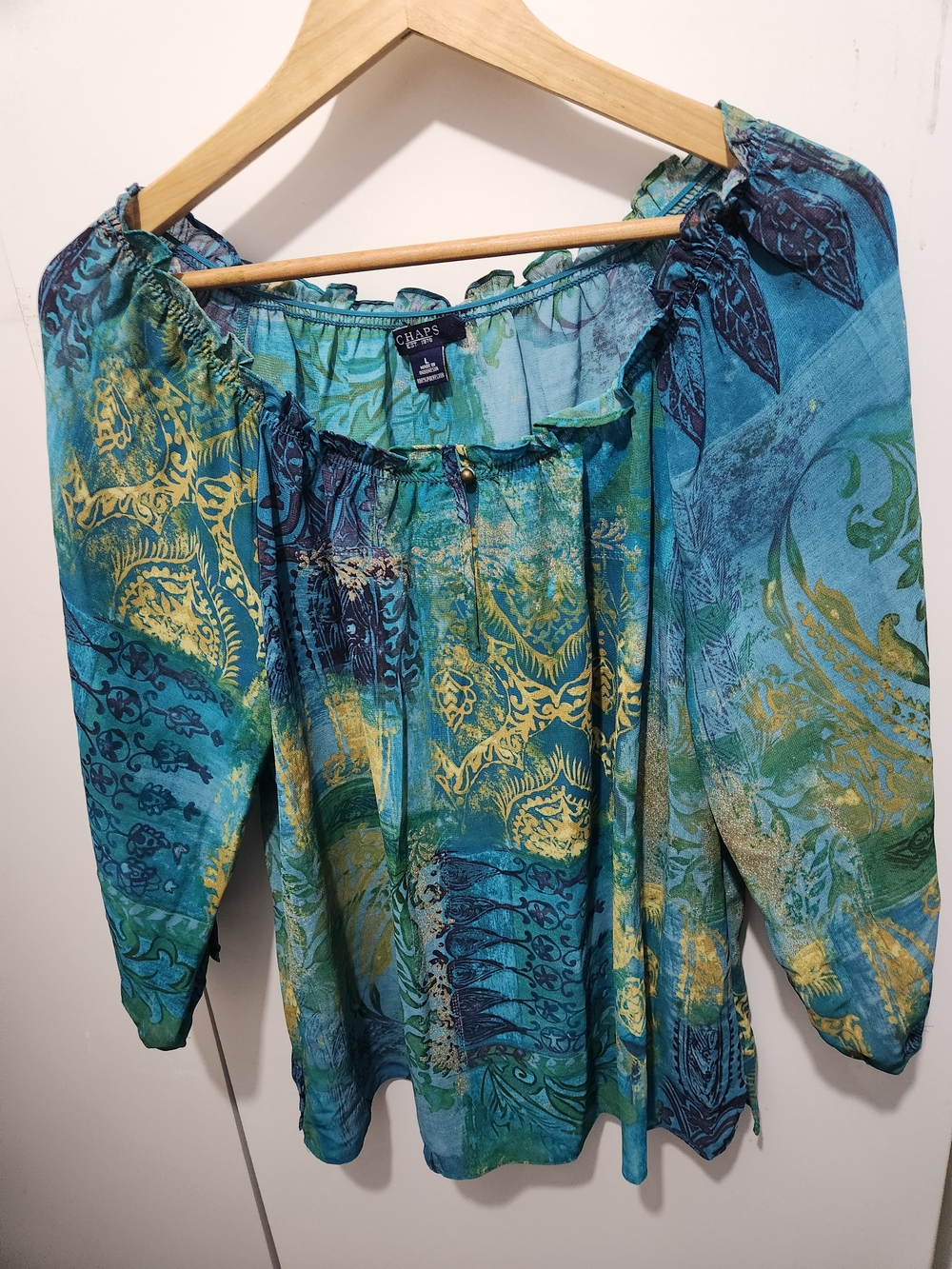 Chaps Blue Teal & Yellow Printed Peasant Tunic